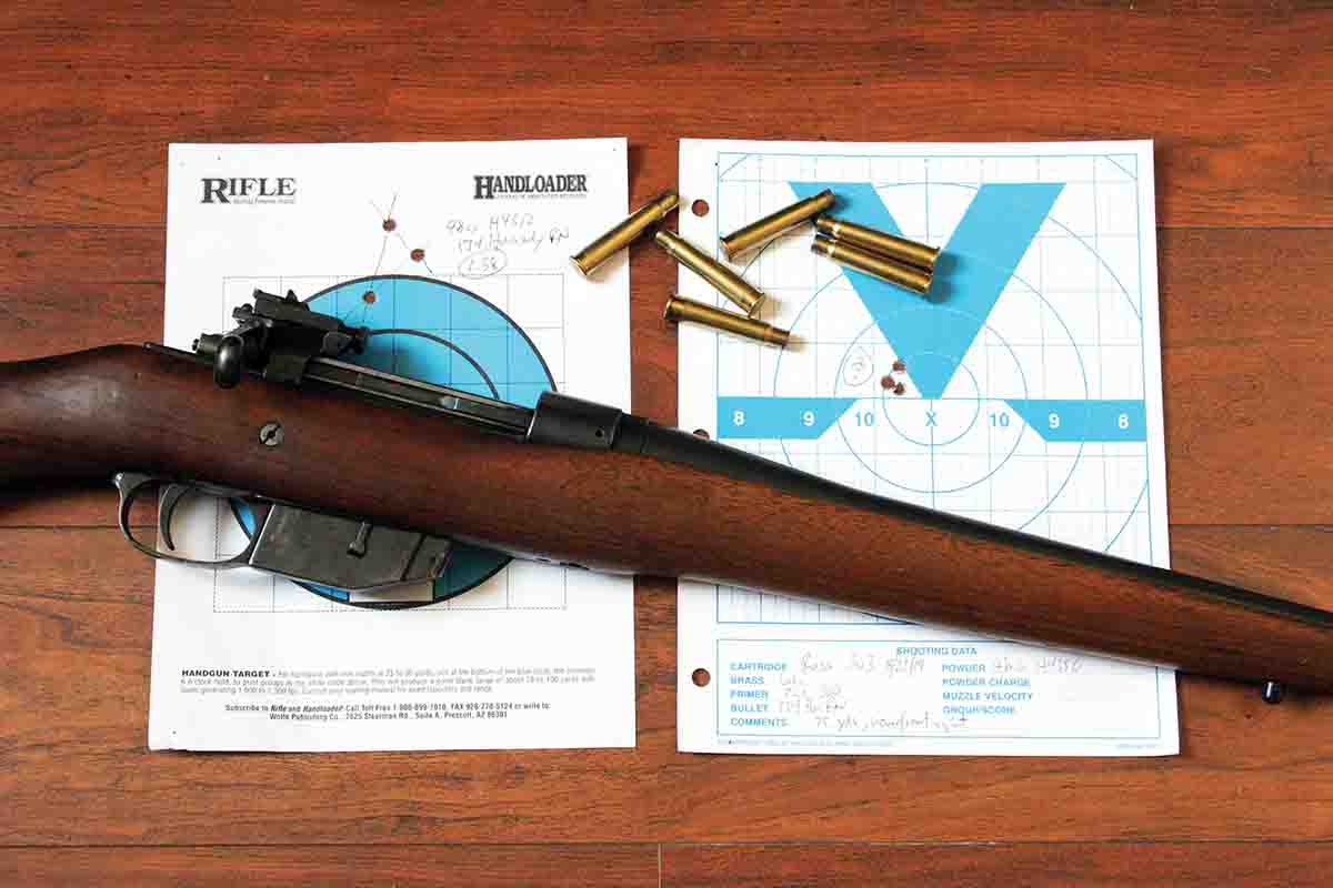 Despite their faults, Ross rifles always had a reputation for fine accuracy. These groups were fired with the open rear sight. The right target was shot at 25 yards to see how well the new front sight worked, and the target at left was shot at 100 yards.